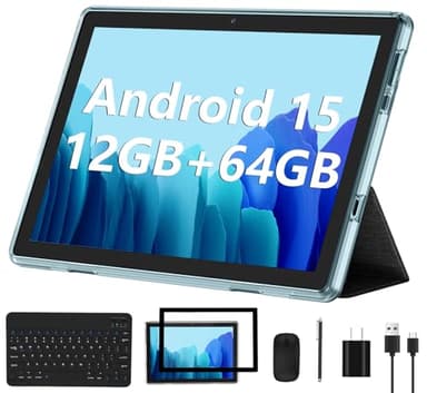 ECOPAD Android 15 Tablet, 10 Inch Tablets with Keyboard Mouse 12GB RAM + 64GB ROM +1TB Expand, 2 in 1 Tableta with WiFi 6 / Bluetooth/GMS Certified/IPS Touch Screen, Blue Set