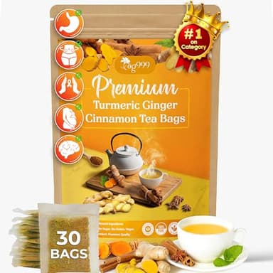 TOG999, 30 Bags Premium Turmeric Ginger Cinnamon Tea, Improve Digestion, Support Brain, Weight, Skin and Sleep, Eco-Conscious Tea Bags and Premium Natural Ingredients. Turmeric Ginger Herbal Tea. No Sugar, No Caffeine, No Gluten, Vegan.
