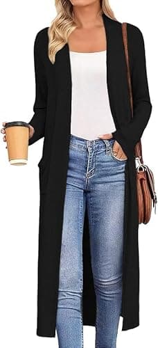 AYIFU Womens Maxi Cardigan Lightweight Long Sleeve Open Front Casual Cardigans Duster with Pockets (Black, L)