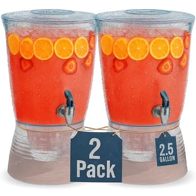 Drink Dispensers for Parties (2.5 Gallon) Large Plastic Water Dispenser for Counter Tops, No Mess, Easy to Assemble & Wash, Up to 40 Drinks, For Drinks, Juice, Punch & Water (2 Pack)
