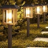 XMCOSY+ Solar Pathway Lights Outdoor, 25 LM LED Garden Lights with Seed Glass, 2-Tone Bronze & Wood Colour, IP65 Waterproof Solar Powered Lighting for Yard Landscape Driveway Walkway (Warm White)