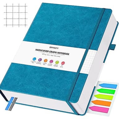 OFFIGIFT Graph Paper Notebook, 312 Numbered Pages B5 Hardcover Leather Journal, 100gsm No Bleed Grid Paper Notebook with Index Pages, Grid Notebook for Graphing Notes Math, 7.6'' X 10'', Blue