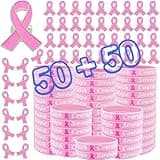 100 Pcs Breast Cancer Awareness Bulk Items Accessories Accessories 50 Breast Cancer Awareness Bracelets 50 Awareness Pins Pink Ribbon Wristbands Fundraiser Breast Cancer Party Favor for Women Men