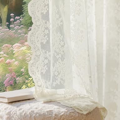 Anmao Vintage Lace Curtains 84 Inches Long 2 Panels Set, Romantic Elegant Light Filtering Semi Sheer Floral Thick Lacy Curtain Drapes for Living Room and Bedroom, Each Panel 55W x 84L, Ivory White