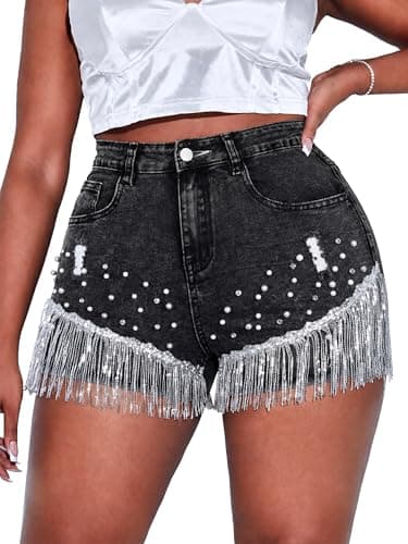 Cyparel Women High Waisted Jean Short Casual Stretchy Mid Rise Rhinestone Fringe Trim Ripped Denim Short Jeans