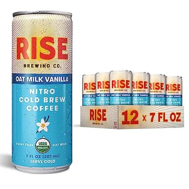 RISE Brewing Co. Vanilla Oat Milk Nitro Cold Brew Coffee, No Sugar Added & No Dairy, Organic & Non-GMO, Low Acidity & Vegan, 7 Fl. Oz. Cans