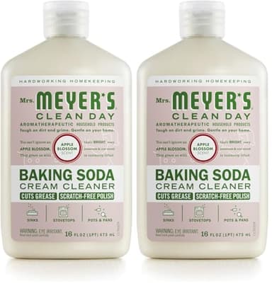MRS. MEYER'S CLEAN DAY Baking Soda Cream Cleaner, Cuts Grease, Scratch-Free Polish, Plant-Derived Cleaning Ingredients, Apple Blossom, 16 Fl Oz, Pack of 2