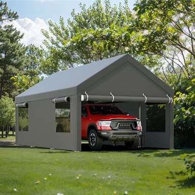 JY QAQA Carport, 12x20 FT Heavy Duty Carport with Removable Side Walls and Doors, Portable Garage with Roll-Up Window and Sandbags, Car Canopy with All-Season Tarp for Cars, Trucks, Boats, Grey