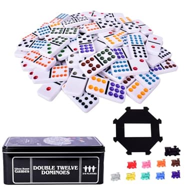 Elbow Room Games Double Twelve Dominoes Set with 91 Dominoes, 10 Trains, Starter Piece, Storage Tin – Perfect for Mexican Train, Block, and Draw – for 2-8 Players