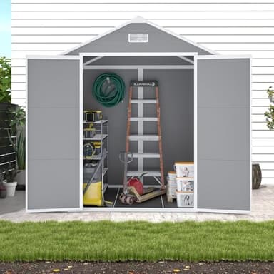 KEIKI 6x5 FT Outdoor Resin Storage Shed, Polypropylene Tool Shed with Sloping Roof & Lockable Door, Waterproof, Rust & UV Proof, All-Weather Garden Shed, Grey