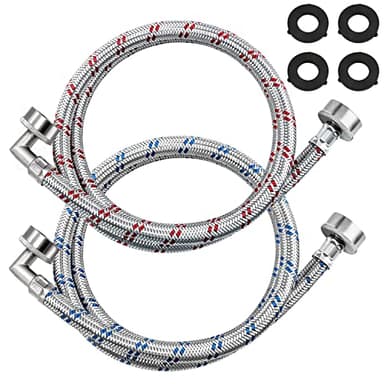 【UPGRADED】4FT Stainless Steel Washer Hoses with 90 Degree Elbows by Beaquicy - 2 Pack No-Lead Burst Proof Hot & Cold Water Connection Inlet Washer Supply Lines