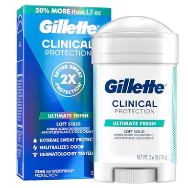 Gillette Clinical Antiperspirant and Deodorant for Men, 72hr Sweat & Odor Protection, Long Lasting Freshness, Anti-White Mark Technology, Soft Solid, Ultimate Fresh Scent, 2.6 oz