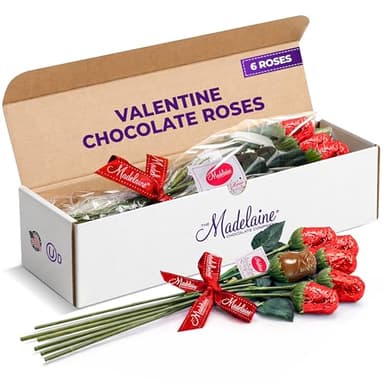 Madelaine Milk Chocolate Red Roses - Valentine’s Day Chocolate Roses Gift for Her & Him - Individually Wrapped Valentine Candy and Decorations - 6 Count