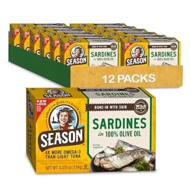 Season Sardines in Olive Oil - Wild Caught, 22g of Protein, Keto Snacks, More Omega 3's Than Tuna, Kosher, High in Calcium, Canned Sardines - 4.37 Oz Tins, 12-Pack