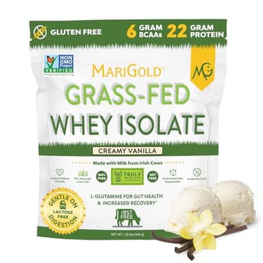 MariGold Grass-fed Whey Protein Isolate Powder - Creamy Vanilla Flavor - 1 Lb Bag | 100% Pure, Cold-Processed, Micro-Filtered, Undenatured, Non-GMO, rBGH Free, Soy Free, Gluten Free, Lactose Free
