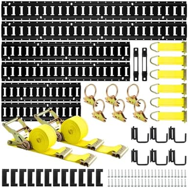 Elechomes E Track Tie-Down Rail Kit：88 Pcs Set Etrack kit 6 Rails, 2 Ratchet Straps, 6 Rope Tie Offs, 6 O Ring Anchors, 6 J-Hooks, 2 Single Slot, 12 End Caps for Garages Vans Trailers Motorcycle