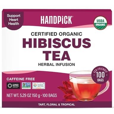 HANDPICK, Organic Hibiscus Tea Bags (100 Tea Bags) | Caffeine-Free, 100% Natural Pure Indian Hibiscus Flowers