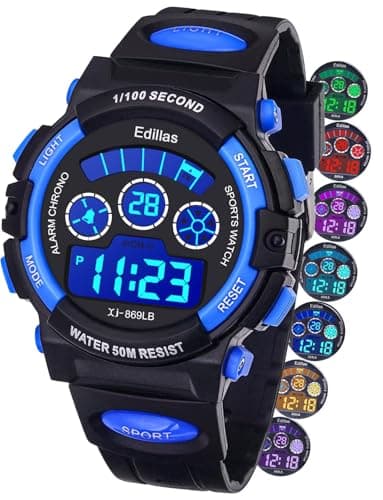 Edillas Boys Watch Digital, 7 Colors LED Lights 50M Waterproof Wristwatches for Child Sport Outdoor Multifunctional with Stopwatch/Alarm for Kids Ages 7-15