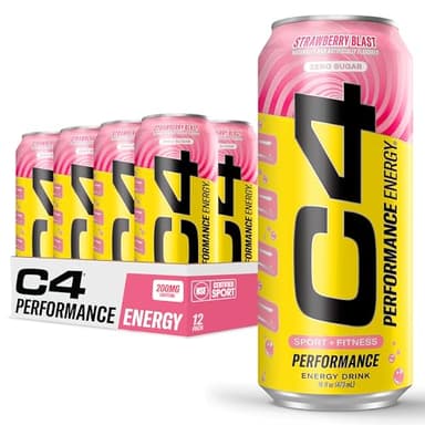 Cellucor C4 Performance Energy Drink | Strawberry Blast | Zero Sugar Carbonated Preworkout Energy | 200mg Caffeine with Beta Alanine | 16 Fl Oz (12 Pack)