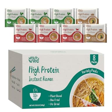 VOLO VERO High Protein (32g) Instant Ramen Variety Packaged Noodles Soup, Chicken, "Spicy" Beef, Pork Tonkotsu, Plant-Based, Air-Dried, Non-Fried, Low Carb, Egg-Free, Dairy Free Healthy Meal, 8 Packs