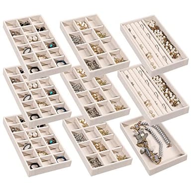 Frebeauty Jewelry Organizer Tray,Stackable Velvet Jewelry Trays,Drawer Inserts Earring Organizer For Women Jewelry Storage Display Case for Rings Stud Necklaces,Set of 9(Beige)