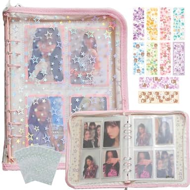 Lora Rossie Kpop Photocard Binder with 6 Stickers Sheet & 50 Shinning Protective Card Sleeves Kpop Photocard Holder Book, A5 Binder Photocard Album 25 Inner Pages with 200 Pockets 6 Ring (Pink)