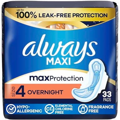 Always Maxi Overnight Pads with Wings for Women, Size 4, Overnight Absorbency, Unscented, 33 Count