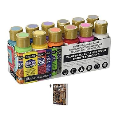 DecoArt Americana Acrylic Paint - 12 Ct Basic Assorted Acrylic Paints Value Pack - Medium Viscosity Water Based Multi Surface Paint Set for Arts and Crafts, Wall Art, Model Kit Paint + E-book