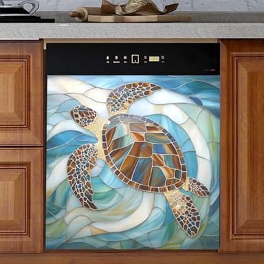 Sea Turtle Glass Ocean Nautical Coastal Dishwasher Magnet Cover Dishwasher Sticker Magnet Cover, Refrigerator Magnet Decal Panels 23” x 26”