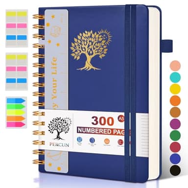 Spiral Notebook Journal for Women Men, 300 Numbered Lined Pages, College Ruled, A5 Hardcover Spiral Bound Notebook for School, Work, Note Taking Writing, Leather Spiral Journal Medium 5.9"x8.5"