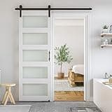 SmartStandard 32 x 84 in Glass Barn Door with 6FT Sliding Hardware Kit & Handle, Pre-Drilled Ready to Assemble, Waterproof PVC Coating, White, 5-Panel Glass