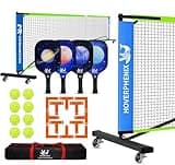 Pickleball Net Set with Wheels, Portable Pickleball Net with Fiberglass Paddles Set of 4, Outdoor Pickleballs, Court Marking Kit and Carrying Bag for Home, Driveway, Backyard