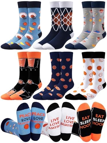 Haysandy 6 Pairs Novelty Basketball Socks for Men Funny Athletic Cotton Crew Sock Senior Night Gift for Basketball Lover Team(Power Black)