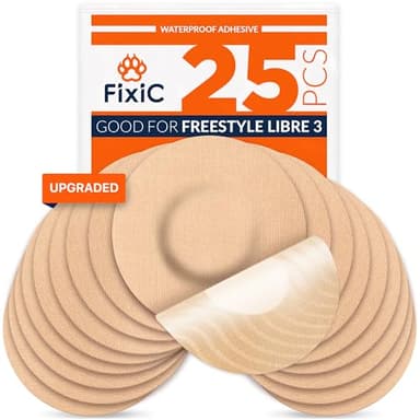 Fixic Libre 3 Sensor Covers - 25 Pack - Perfect Freestyle Adhesive Patches for Libre 3 & Plus Sensors - No Glue in the Center - Pre-Cut Back Paper - The Best Fixation for Your Sensor! (Upgraded, Tan)