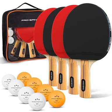 PRO-SPIN Ping Pong Paddles - High-Performance Set with Premium Table Tennis Rackets, 3-Star Ping Pong Balls, Compact Storage Case (4-Player Set, Red)