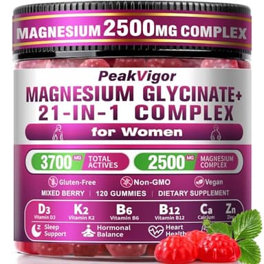 21 in 1 Magnesium Glycinate Gummy for Women with D3, K2, B6, B12, L-Theanine & Ashwagandha, 2500mg Magnesium Complex, Sleep Support, Vegan, Non-GMO,Third-Party Tested (60-Day Supply)