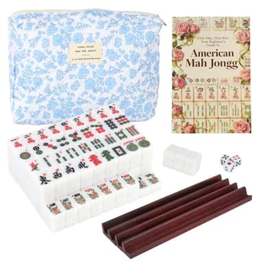 PUSKIDS Travel American Mahjong Tile Set, 166 PCS 0.8 Inch Mini Mahjong Game Tiles, 4 Wooden Racks, Floral Storage Bag, 3 Dice & Beginner's Guide, Complete Portable Set