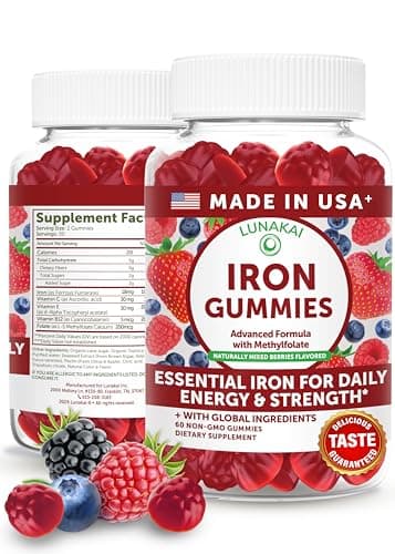 Lunakai USA Made Vegan Iron Gummies 5-in-1 with Methylfolate, Vitamin C, E & B12 - Daily Chewable Iron Supplement for Women, Men & Kids - Energy & Blood Health Support, Non-GMO, 60ct