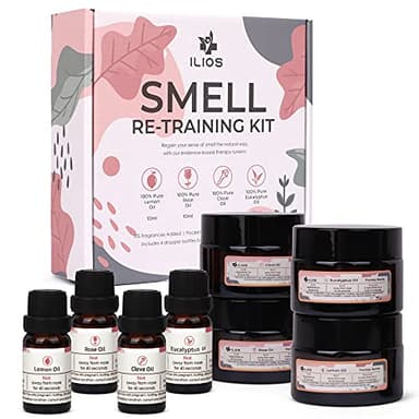 Ilios Olfactory Smell Training Kit, 4 Essential Oils, All Natural Stimulating Aromatherapy for Loss of Senses with Lemon, Clove, Rose, Eucalyptus, and Accessories
