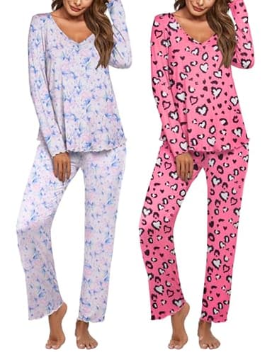Ekouaer Womens 2 Pack Pajama Set Long Sleeve Pajamas Top and Pants V Neck Pjs Set Soft Sleepwear Loungewear
