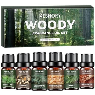 Woody Essential Oils Set - 6x10ML Woody Scents Fragrance Oil for Candle Making, Diffuser - Teakwood, Sandalwood, Cedarwood, Cyperss, Forest Pine, Frankincense Aromatherapy Oils