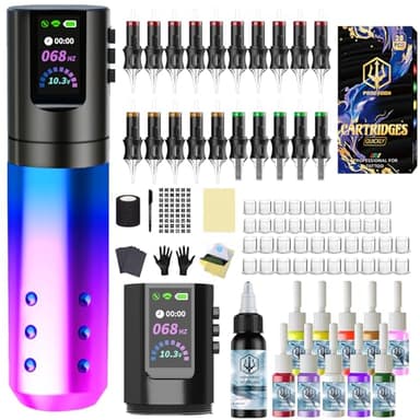 POSEIDON Wireless Tattoo Pen Kit with 20Pcs Tattoo Cartridge Needles 11Pcs Ink 2Pcs Tattoo Batteries, Portable Tattoo Machine with LED Display, Complete Tattoo Gun Set for Beginners and Artists