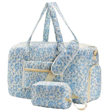 Large Weekender Quilted Travel Bags - Floral Quilted Duffle Bag, Hospital Bag for Women Labor Delivery, Travel Duffel Bag with Shoe Compartment, Gym Tote Bags with Dry and Wet Separation (Set of 2)