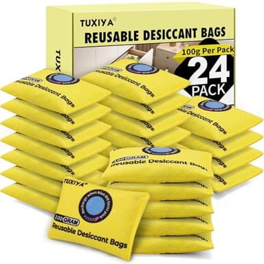 TUXIYA 24Pack(100g Each) Rechargeable Silica Gel Desiccant Packets,Color Indicating Desiccant Packs for Storage,Moisture Absorbers for Storage Bins,Suitcase,Safes,3D Filaments,Wet Zones and Cars