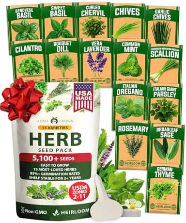 HOME GROWN Herb Seeds for Planting 15-Pack Massive Seed Count 5,100+ Seeds Non-GMO Heirloom | Extra Large | Culinary Herb Kit, Indoor Outdoor & Hydroponic | Grow Your Own Herbs | Gardening Gift