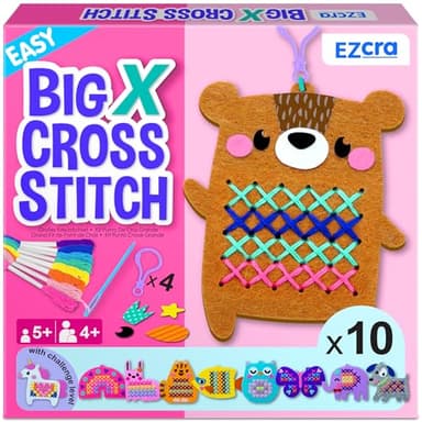 EZCRA Beginner Needlepoint Cross Stitch Kit for Kids Ages 5-8 – Easy Embroidery Starter Set with Jumbo Plastic Needles, Pre-Printed Patterns, Instructions – DIY Arts & Crafts for Girls & Boys