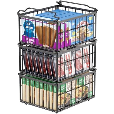 MSERCUOR Freezer Organizer Bins, 3 Pack Big Stackable Deep Chest Freezer Organizer Bins, Foldable Baskets with Handles, Black Storage Container Baskets for 5 to 9 Cu.FT Deep Freezer Sort Frozen Meats