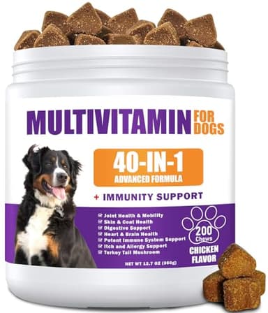 40 in 1 Dog Vitamins and Supplements 200Ct Dog Multivitamin Chewable, Immunity Support Multivitamin Vitamins with Turkey Tail Mushroom, Skin & Coat, Mobility, Gut & Heart Health, Hip & Joint Support