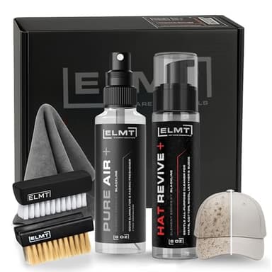 Blackline ELMT Hat Cleaning Kit — Quick-drying, US-Made, Cleans 50+ Hats — Hat Cleaner for Baseball Caps of all Materials Cotton, Wool, Leather, Felt and more (8oz Solution, Deodorizer, Towel & Brush)