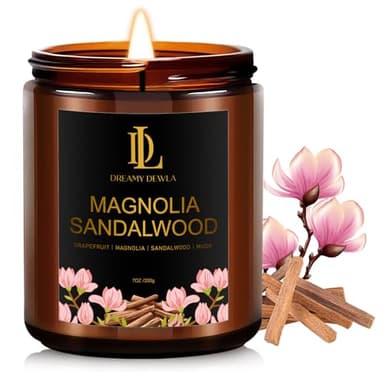 Magnolia & Sandalwood Scented Candles, Soy Candle for Home Scented, Amber Jar Candles Gifts for Men Women, 7oz